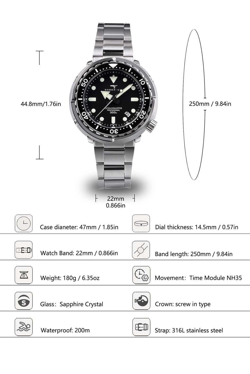 DAGGER-AXE watch men's retro automatic mechanical vintage diving watch luminous mechanical watch