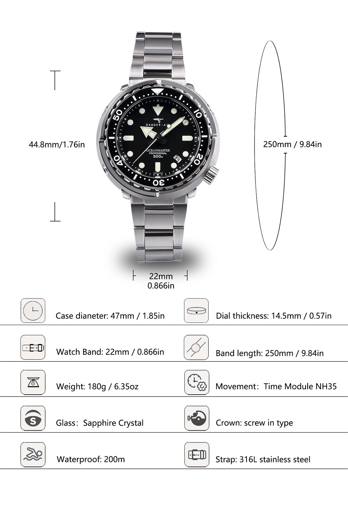 DAGGER-AXE watch men's retro automatic mechanical vintage diving watch luminous mechanical watch