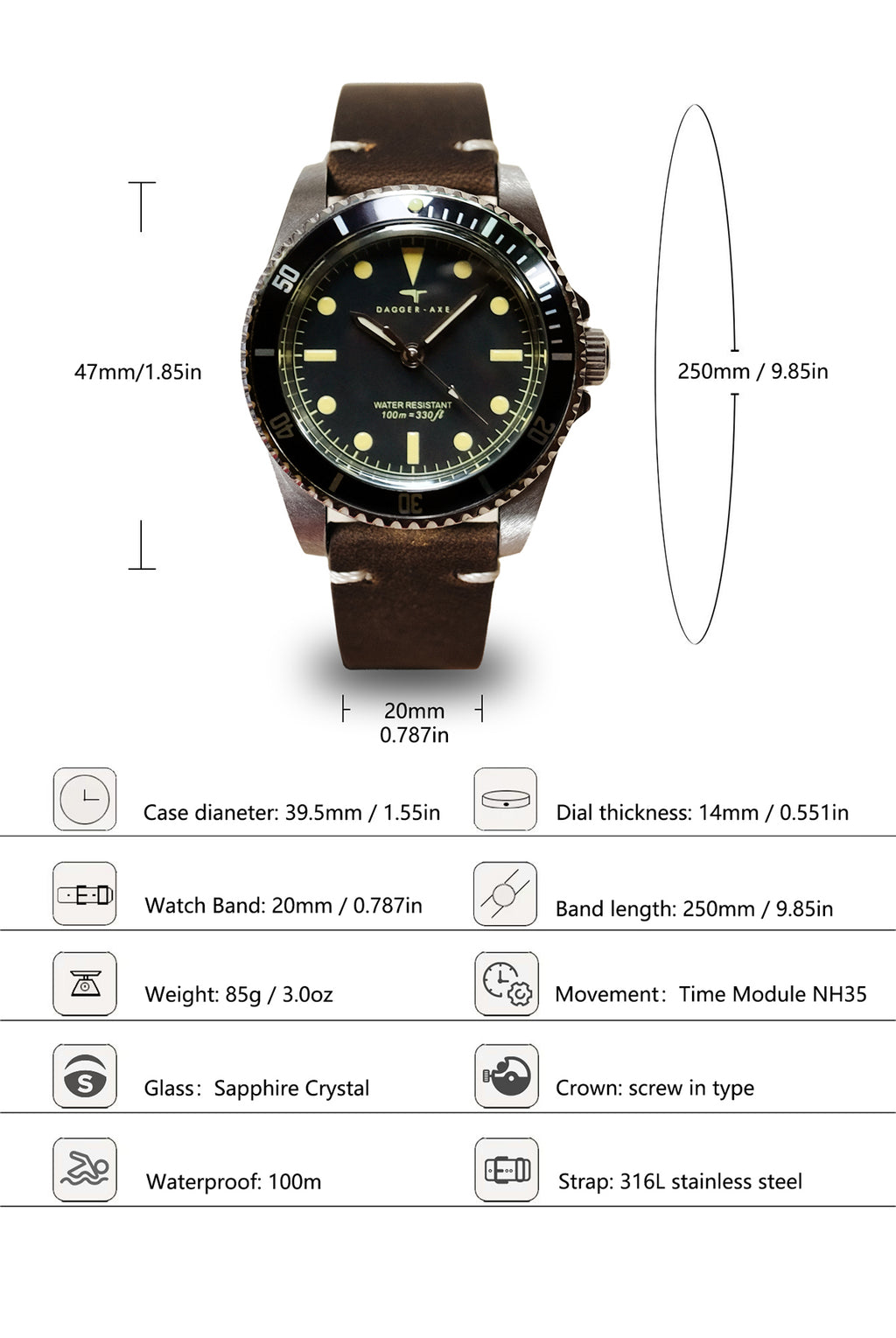 DAGGER-AXE watch 1950S water ghost genuine leather waterproof retro mechanical watch diving watch vintage