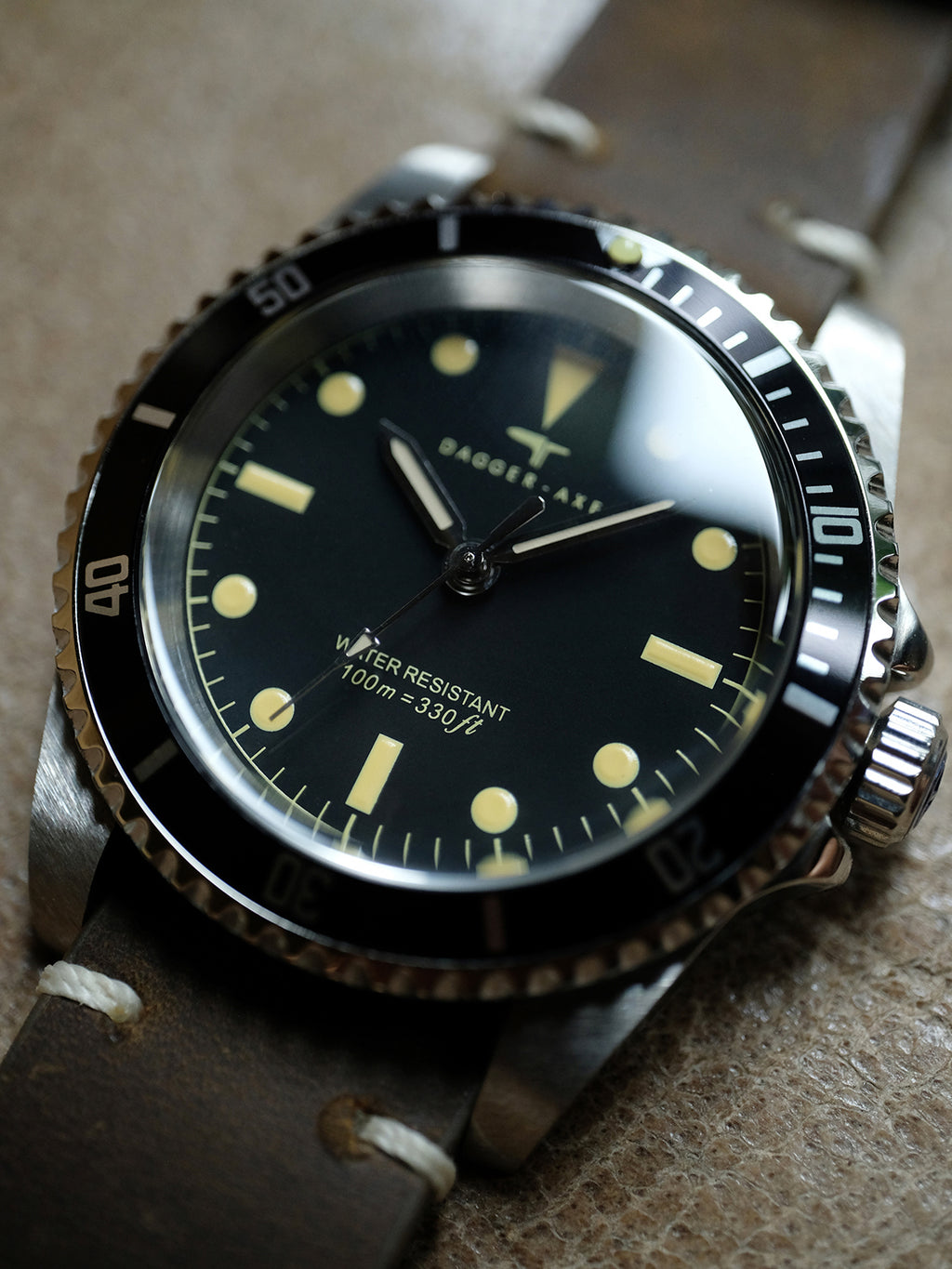 DAGGER-AXE watch 1950S water ghost genuine leather waterproof retro mechanical watch diving watch vintage