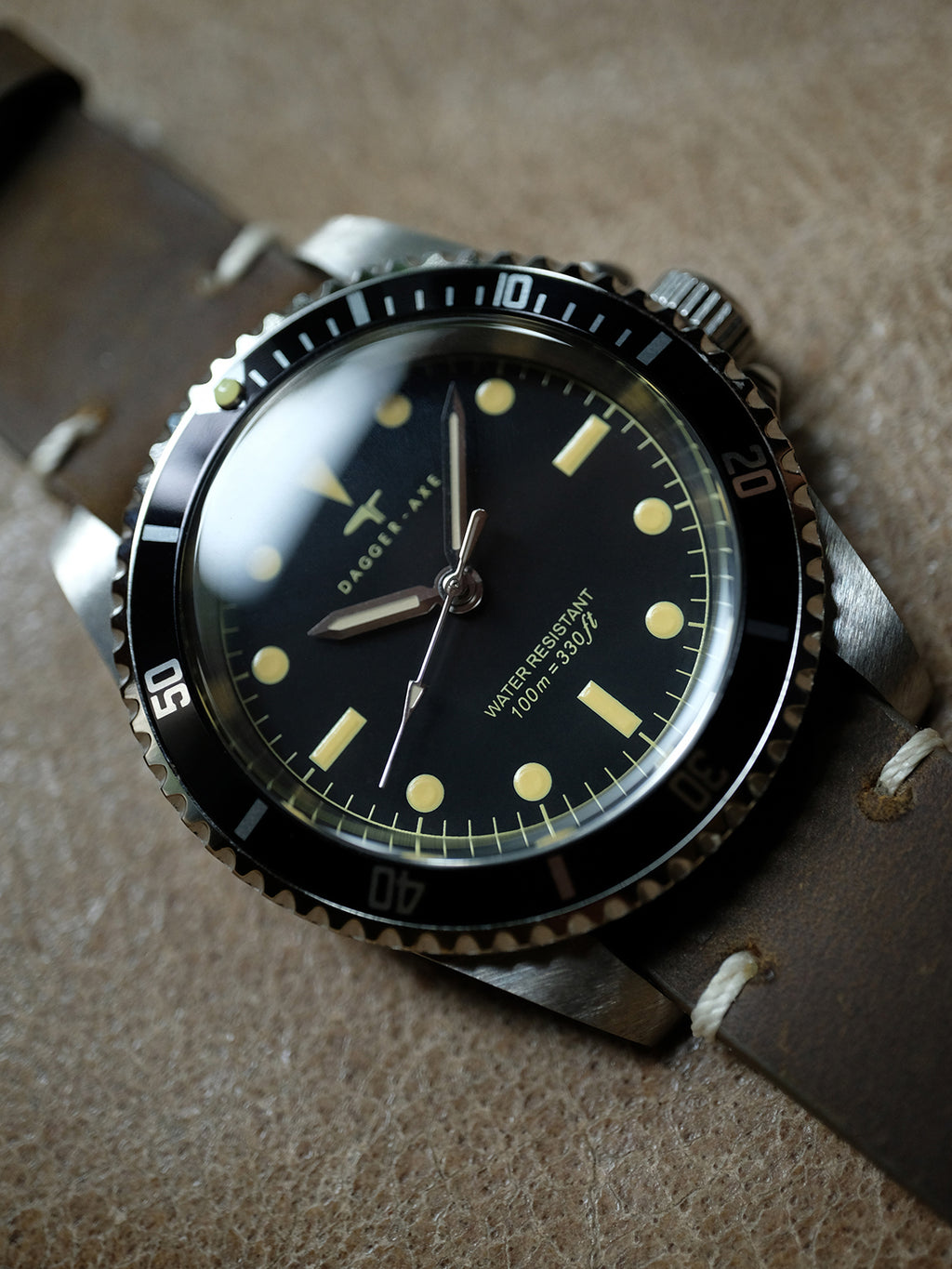 DAGGER-AXE watch 1950S water ghost genuine leather waterproof retro mechanical watch diving watch vintage