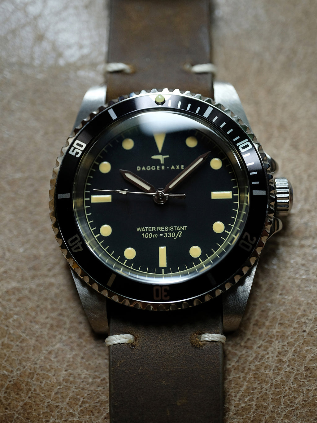DAGGER-AXE watch 1950S water ghost genuine leather waterproof retro mechanical watch diving watch vintage