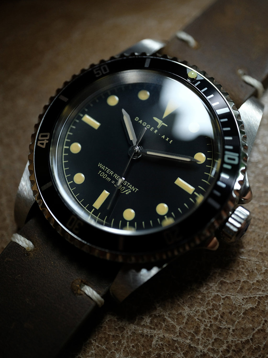 DAGGER-AXE watch 1950S water ghost genuine leather waterproof retro mechanical watch diving watch vintage