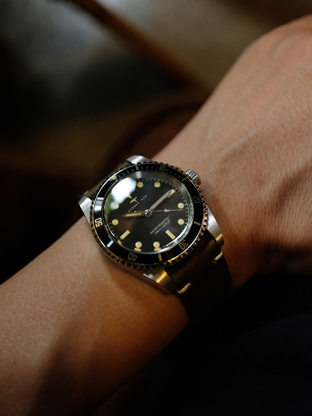 DAGGER-AXE watch 1950S water ghost genuine leather waterproof retro mechanical watch diving watch vintage
