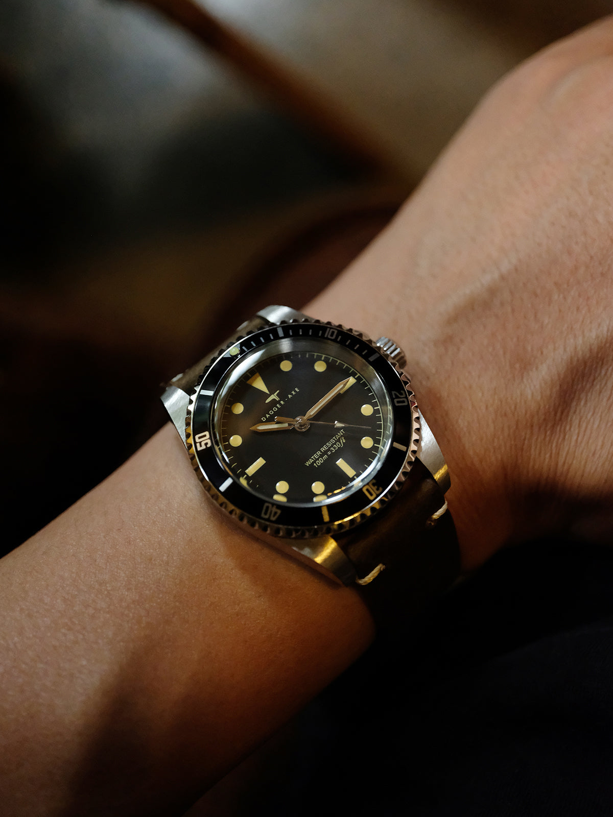 DAGGER-AXE watch 1950S water ghost genuine leather waterproof retro mechanical watch diving watch vintage