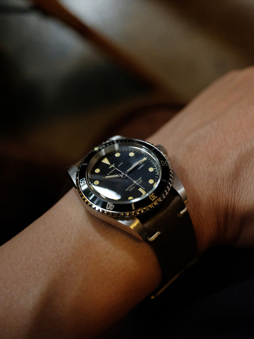 DAGGER-AXE watch 1950S water ghost genuine leather waterproof retro mechanical watch diving watch vintage