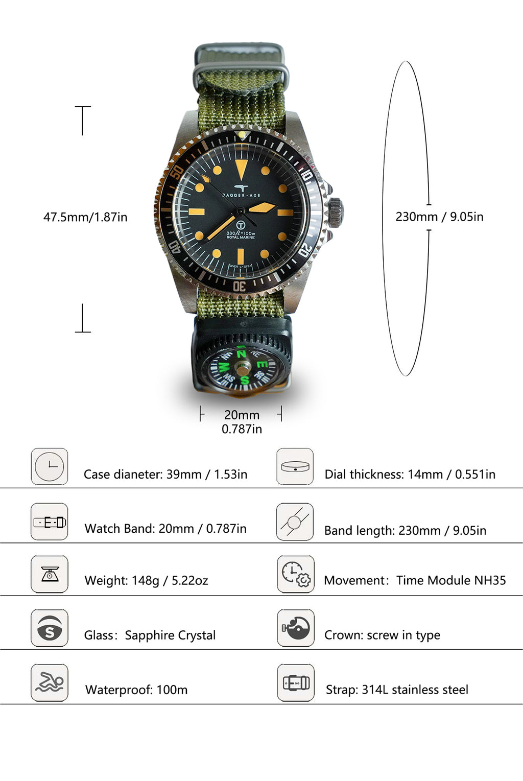 Dagger-axe watches household watches men's watches automatic mechanical diving watches field watches
