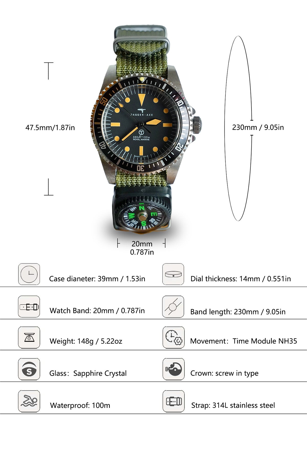 Dagger-axe watches household watches men's watches automatic mechanical diving watches field watches