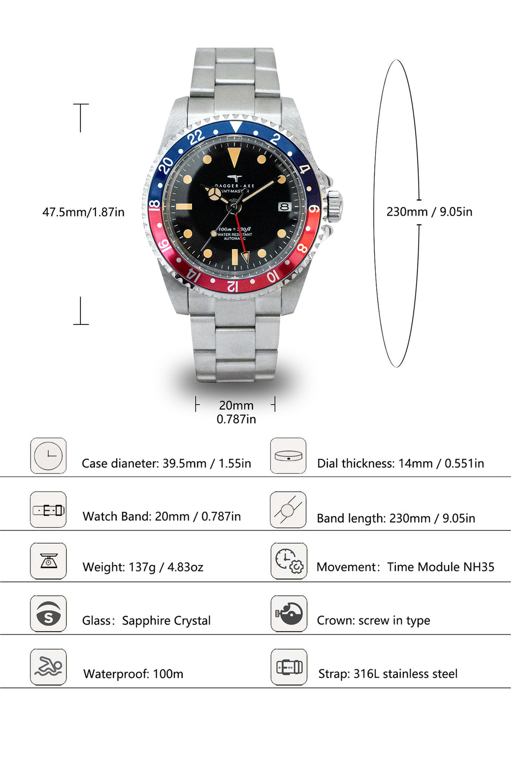 DAGGER-AXE watch retro mechanical diving watch Pepsi ring vintage day tide wear tide watch