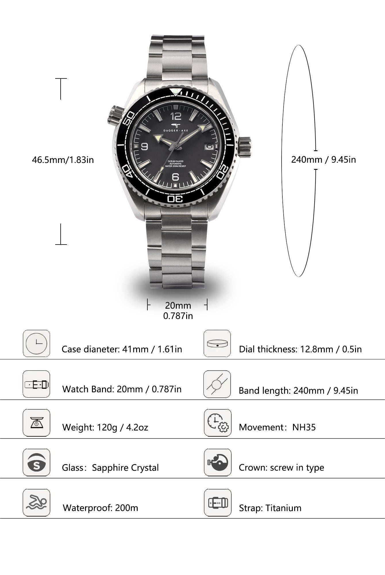 Dagger-axe Men's Diving Watch Titanium Seahorse Grey Disc Sapphire Mechanical Vintage Watch