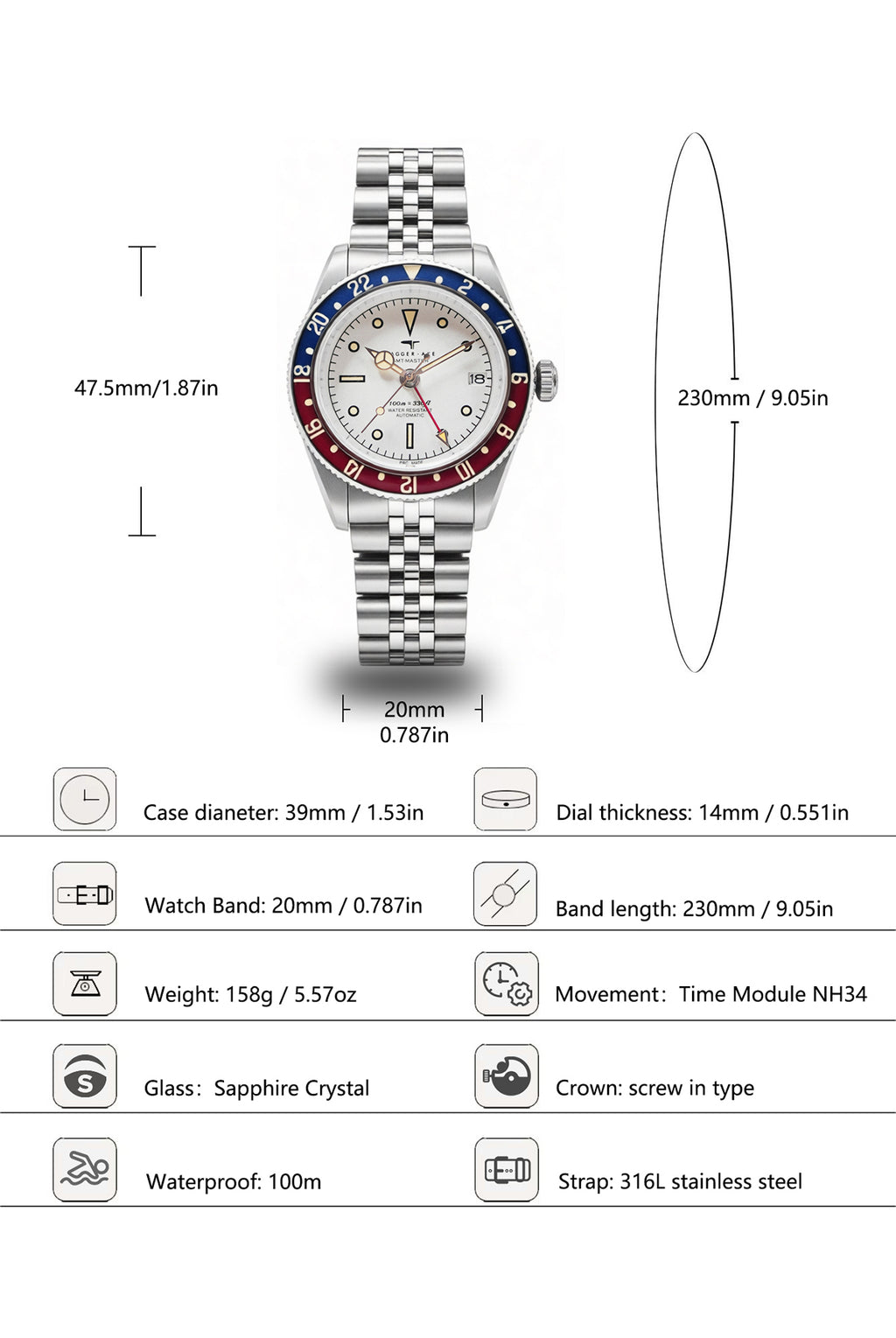 Dagger-axe Watch Men's Automatic Mechanical Watch GMT Dual Time Zone Vintage Diving Watch