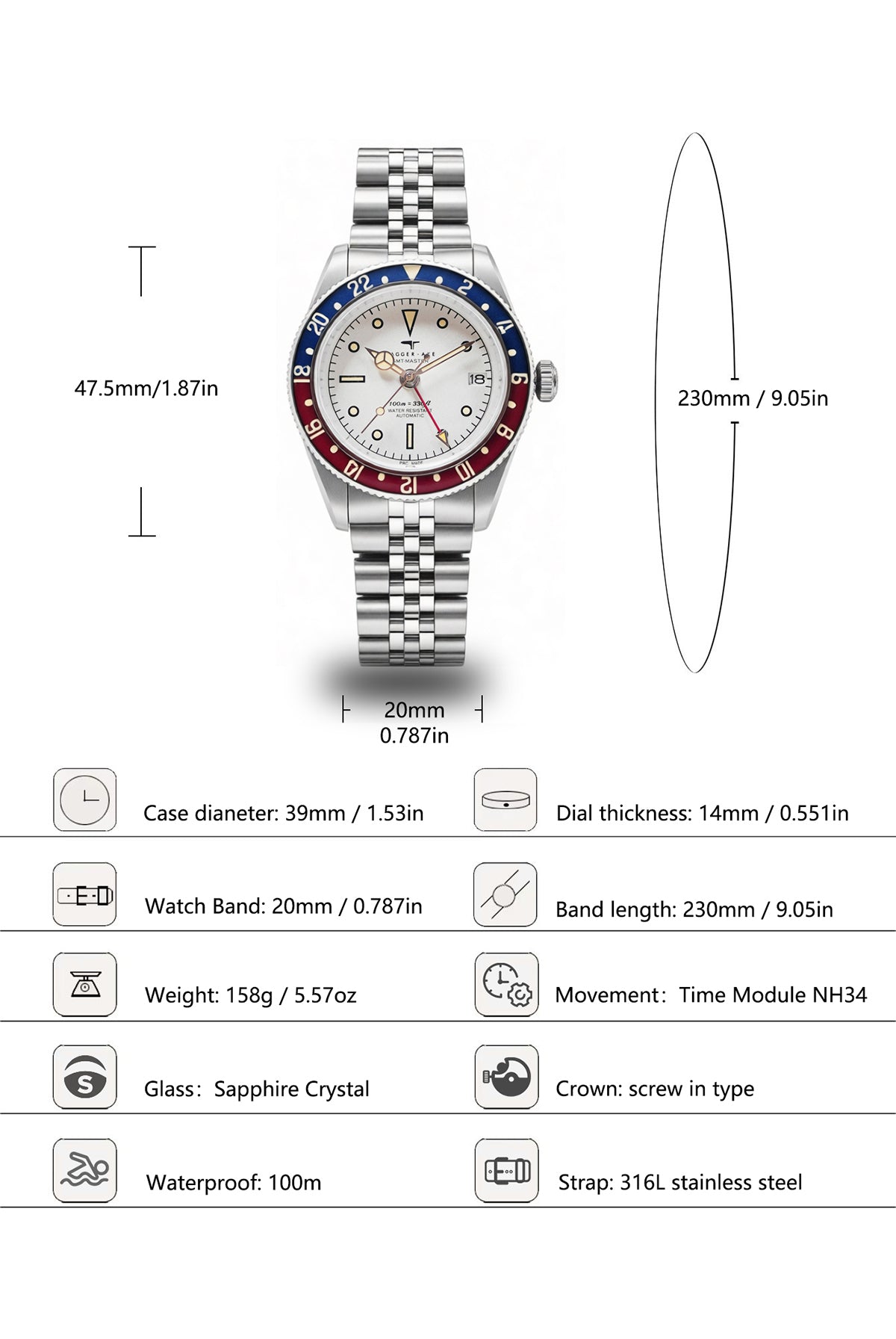 Dagger-axe Watch Men's Automatic Mechanical Watch GMT Dual Time Zone Vintage Diving Watch