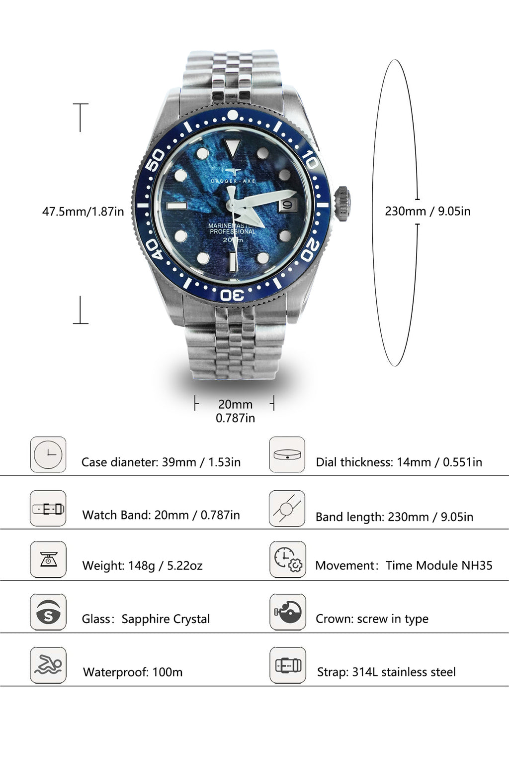 Dagger-axe Watch Rock Texture Dial Automatic Mechanical Watch Waterproof Luminous Five-bead Chain Men's Watch