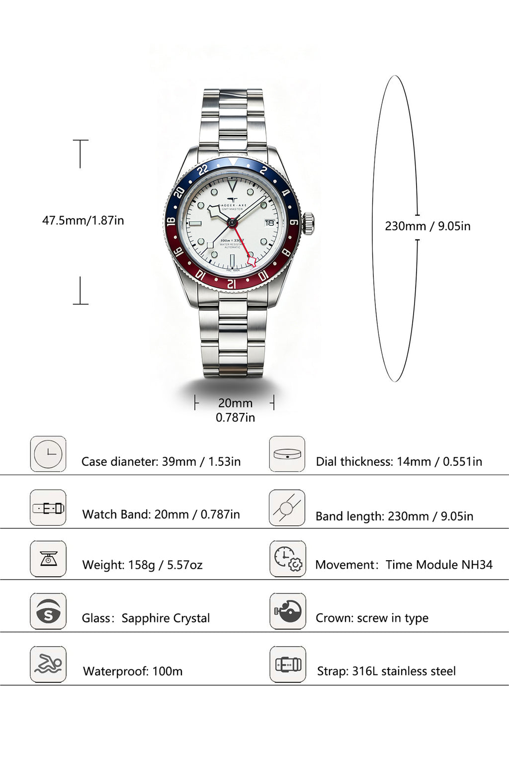 Dagger-axe Watch Four-pin Dual Time Zone Mechanical Watch Classic White Cola Ring Vintage Diving Watch