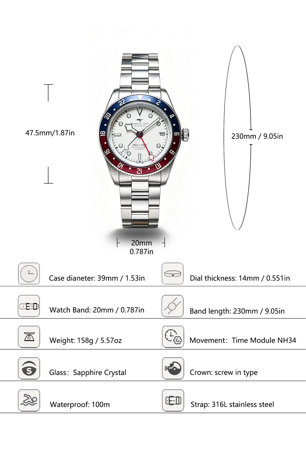 Dagger-axe Watch Four-pin Dual Time Zone Mechanical Watch Classic White Cola Ring Vintage Diving Watch