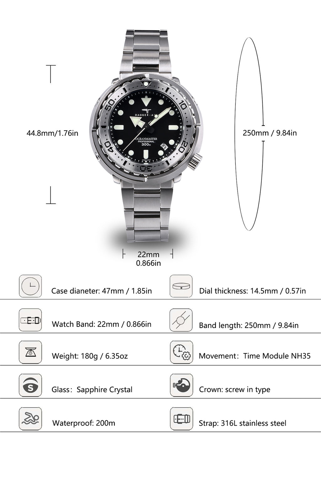 DAGGER-AXE watch classic retro mechanical watch steel chain diving watch vintage can watch