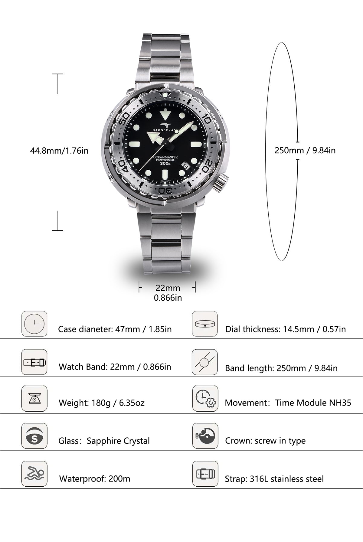 DAGGER-AXE watch classic retro mechanical watch steel chain diving watch vintage can watch